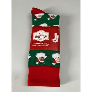 Holiday Time Christmas Socks 2-Pair Santa Buffalo Check‎ Shoe Size 6-12 NWT